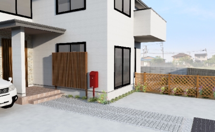 玄関ドア 目隠しフェンスの木目調と赤いポストが目を惹くオープン外構 スマイルガーデン 新居浜市 スマイルガーデン エクステリア 外構 ガーデン設計施工